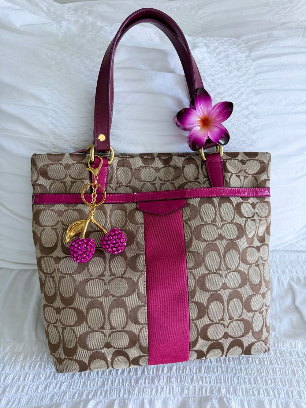 Vintage  Coach Pink Signature Stripe Tote Bag w/Gold Hardware